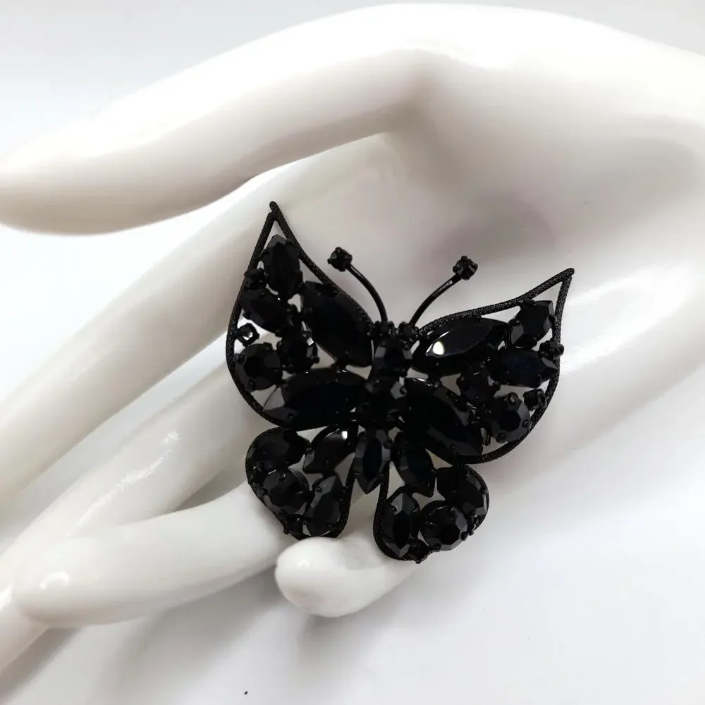 Vintage Butterfly Brooch, Japanned Black Enamel, Made in Austria, 1950s